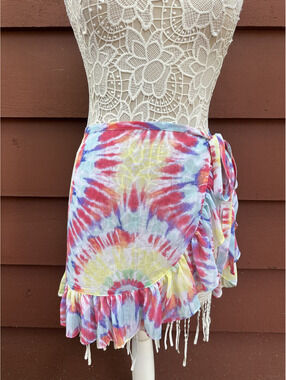 Miken Swim Tie Dye Ruffle Wrap Skirt Beach Cover Up
